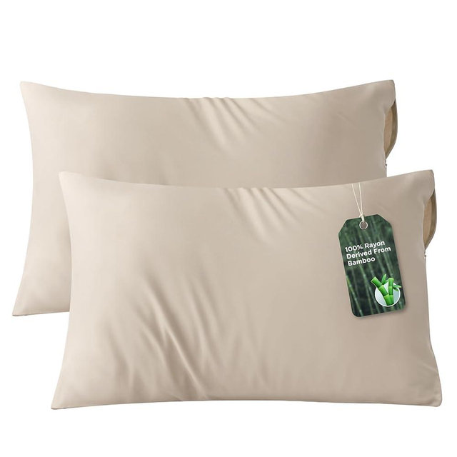 Bedsure Zipper Pillow Cases Standard Size, Cooling Pillow Cases Set of 2, Rayon Derived from Bamboo Cooling Pillowcase for Hot Sleepers, Soft & PureWoven Pillow Covers, Gifts, Beige, 20x26 Inches