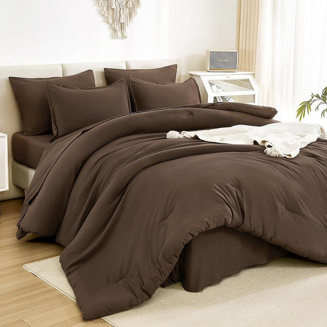Litanika Queen Comforter Set Brown - 7 Pieces Bed in a Bag Queen Beddding Comforter Sets, Solid Lightweight Bed Set with Comforter, Sheets, Pillowcases & Shams
