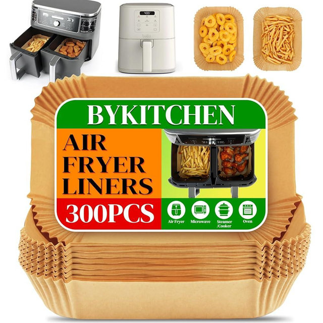 BYKITCHEN 300PCS Air Fryer Liners for Ninja Dual Airfryer, Rectangle Disposable Air Fryer Parchment Paper Compatible with Ninja DZ201/ DZ401/ DZ550, Bella Slim Airfryer &More, Air Fryer Accessories