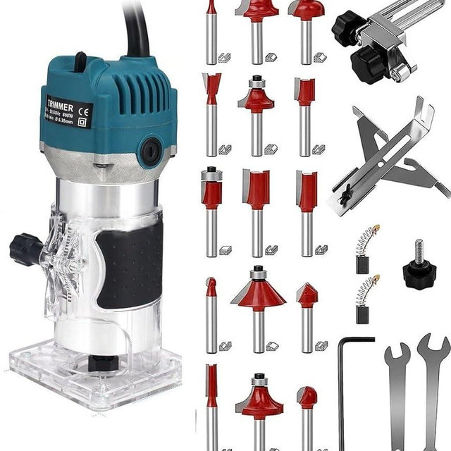 110V Router Tool, 800W Wood Trim Router, 30000RPM Electric Hand Trimmer, Palm Router with 15x 1/4” Router Bits & 2x Trim Guides for Woodworking Tools, Adjustable Base Height w/Scale