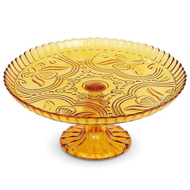 Amici Home Flower Footed Glass Cake Stand, Round Vintage Style Cake Plate, 10” D x 4” H, Amber