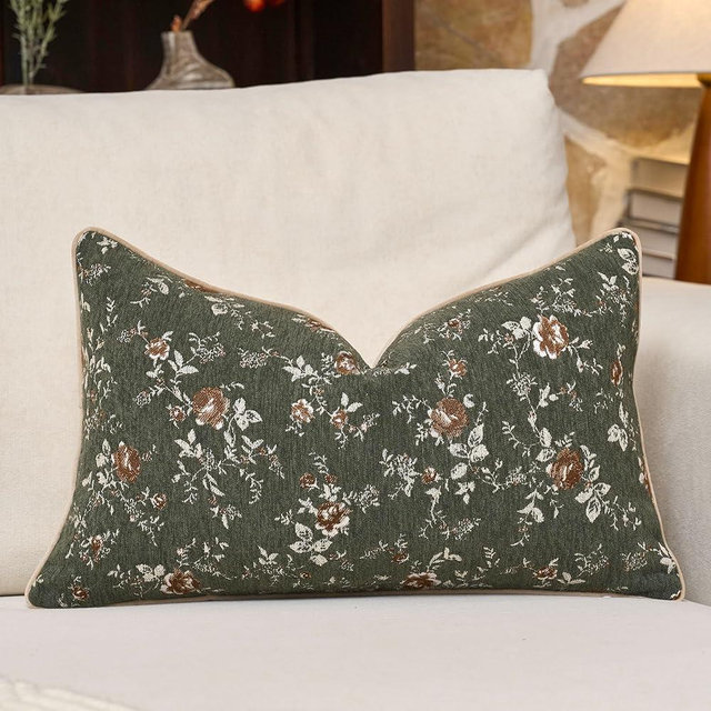 Gluviroz Spring Flower Lumbar Throw Pillow Cover 12x20 Inches Green Vintage Floral Pillow Cover Farmhouse Summer Cushion Cover Leaf Retro Pillowcase Home Decor for Sofa Living Room Couch
