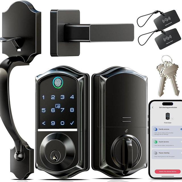 Veise VE017-H Fingerprint Smart Front Door Lock Set, App Control, Keyless Entry Deadbolt with Handle, Smart Deadbolt, Emergency Power Port, Touchscreen Keypad, Auto Lock, Easy Install, Matte Black
