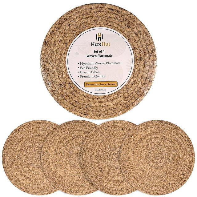 Haxhut Round Woven Placemats - Natural Placemats Set of 4, Straw Braided Rattan Placemats, 13.5 Inches, Non-Slip, Heat Resistant, Hand Woven Chargers for Dining Table (Pack of 4)