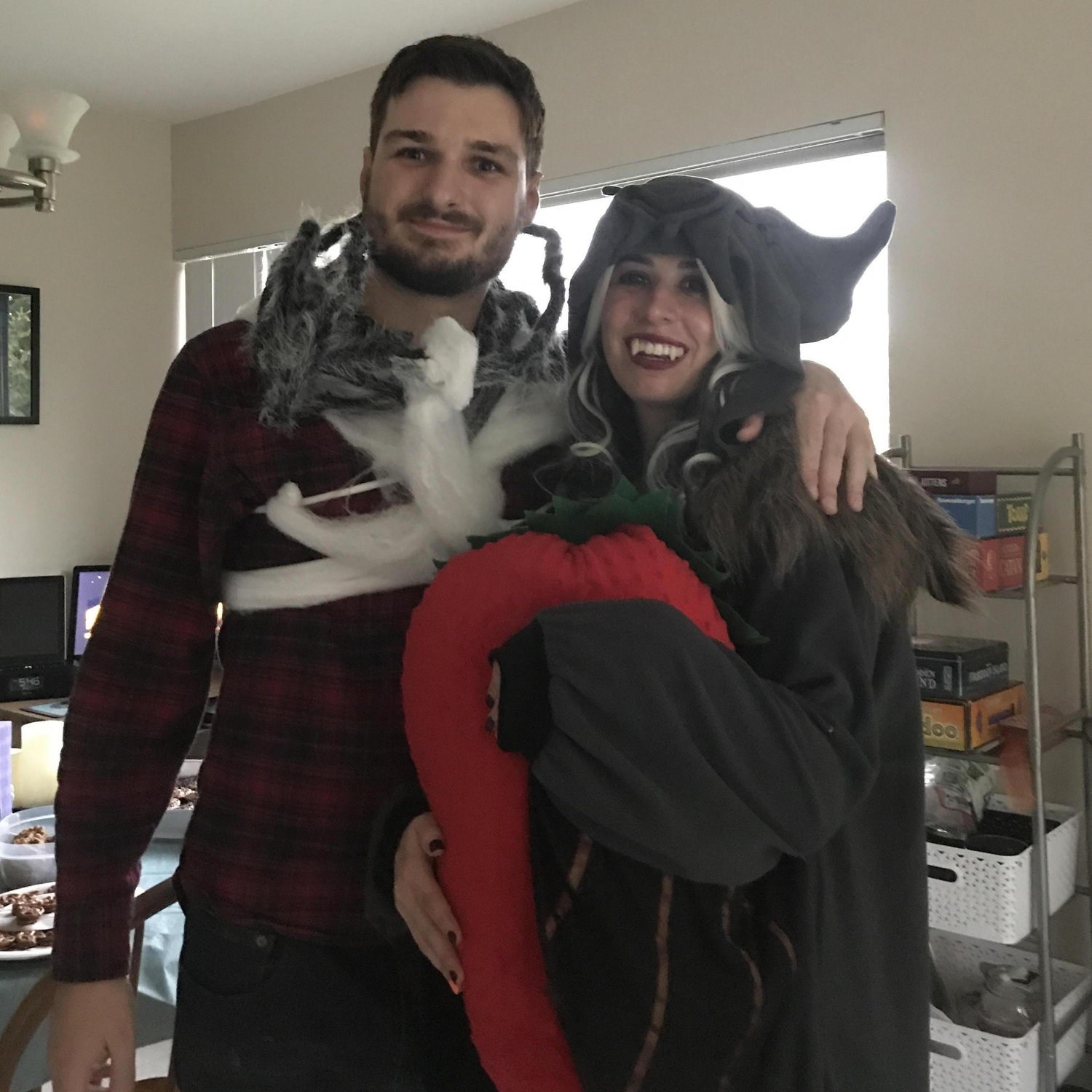 Our first Halloween (Matthew as a man trapped in a spider web. Sydney as a fruit bat)