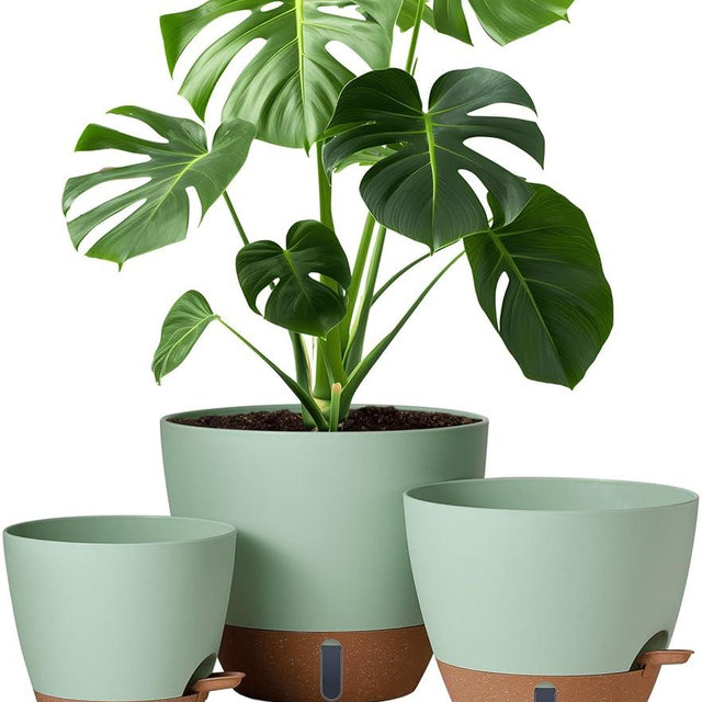 12/10/8 Inch Self Watering Pots for Indoor Plants Plastic Large Plant Pot for Outdoor Plants, Water Level Window & Spacious Reservoir Flower Pots Decorative Planter with Drainage and Tray (Green)