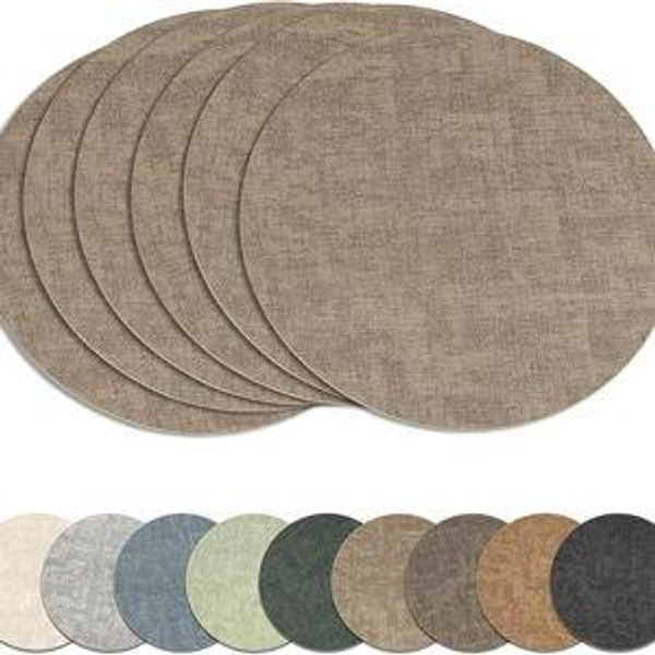 Round Placemats Set of 6, Reversible Faux Leather Heat Resistant Table Mats, 100% Waterproof Oilproof Wipeable Table Protective Placemats for Vinyl, Washable for Indoor & Outdoor Use (6, Light Coffee)
