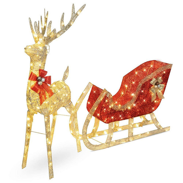 Best Choice Products Lighted Christmas 4ft Reindeer & Sleigh Outdoor Yard Decoration Set w/ 205 LED Lights, Stakes, Zip Ties - Gold