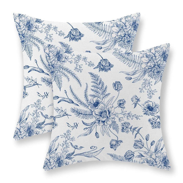 Spring Pillow Covers 18x18 Set of 2, Summer Blue Flowers Throw Pillows Chinoiserie Leaf Plant Floral Decorations Farmhouse Pillowcase Linen Outdoor Decor Spring Cushion Case for Couch Sofa Room