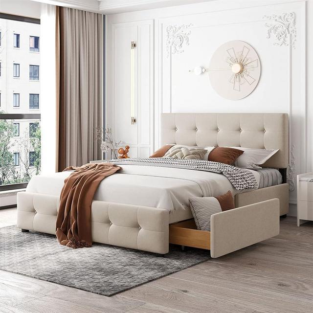 DUORUIMI Queen Storage Bed, Upholstered Platform Bed Frame with 4 Storage Drawers and Headboard, Button Tufted Wooden Slat Support Queen Size in Beige Fabric,Bed Frame