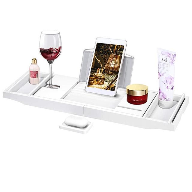 VIVOHOME Expandable 43 Inch Bamboo Bathtub Caddy Tray with Smartphone Tablet Book Holders, Soap Tray, Wine Glass Slot, White