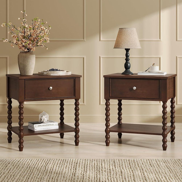 AMERLIFE Solid Wood Nightstand Set of 2 with Turned Legs, Vintage Wide Bedside Table with Drawer & Open Shelf, Modern Accent & Dark Wood Night Stands, Wooden End Table for Bedroom/Living Room, Walnut