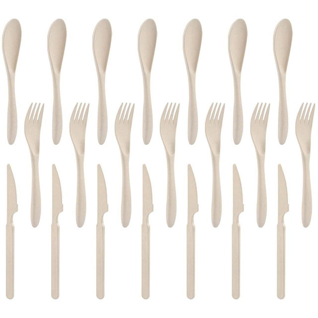 Forks Spoons Knife Set, 21 Pieces Wheat Straw Cutlery Set, Reusable Utensil Set for 7, Unbreakable and Lightweight Utensils for Party, Travel, Work, Lunch, Picnic, Camping or Daily Use (Beige)