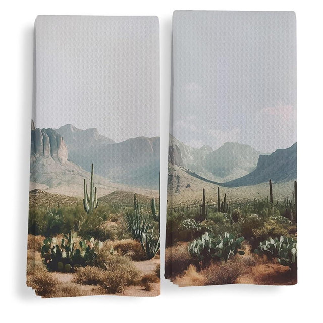 Qeheb Western Kitchen Towels Set of 2, Retro Western Hand Towels for Bathroom Decor, Rustic Country Desert Cactus Landscape Decorative Dish Tea Towels for Kitchen Decor, 16X24In