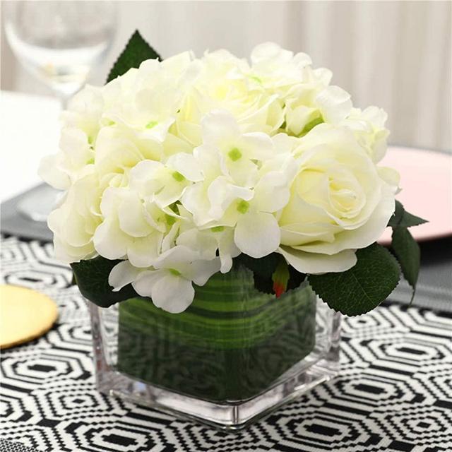 Fule Artificial Silk Rose Flower Centerpiece Arrangement in vase for Home Wedding Decoration (Spring White)