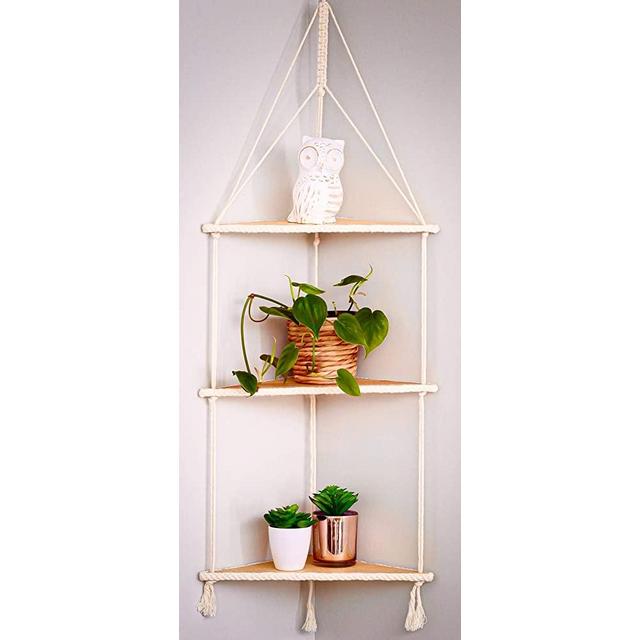 Macrame Shelf, Hanging Corner Shelf, Corner Hanging Shelf, Macrame Shelf, Floating Shelves, Plant Shelf Indoor, Macrame Shelves, Hanging Shelf, Wood, Rope