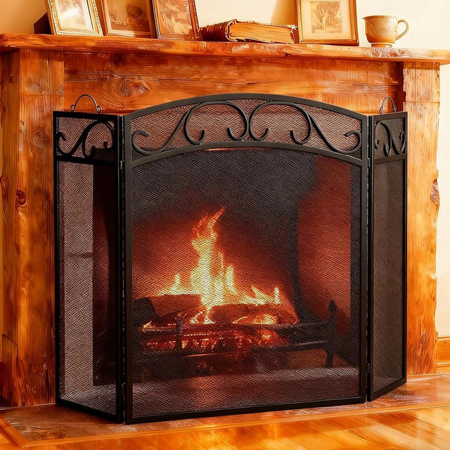 Fire Beauty Fireplace Screen 3 Panel with Handles Wrought Iron 51"(L) x31(H) Spark Guard Cover(Black)