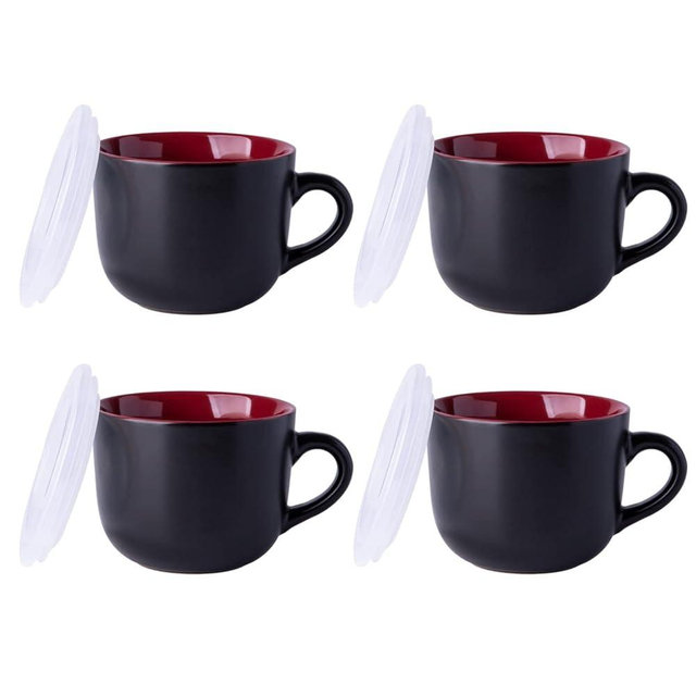 GBHOME Ceramic Soup Mugs with Lid, 24 oz Soup Cups with Hanlde for Coffee,Cereal,Salad,Noodles,Tea, Microwave &Dishwasher Safe, Set of 4, Red inside with Vented lid