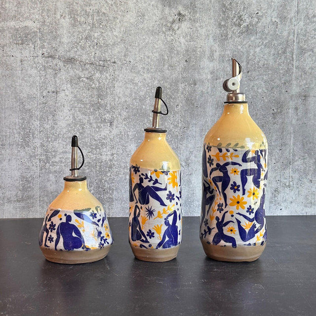 Limited addition Large Ceramic oil bottle, Matisse inspired dancing ladies yellow and blue