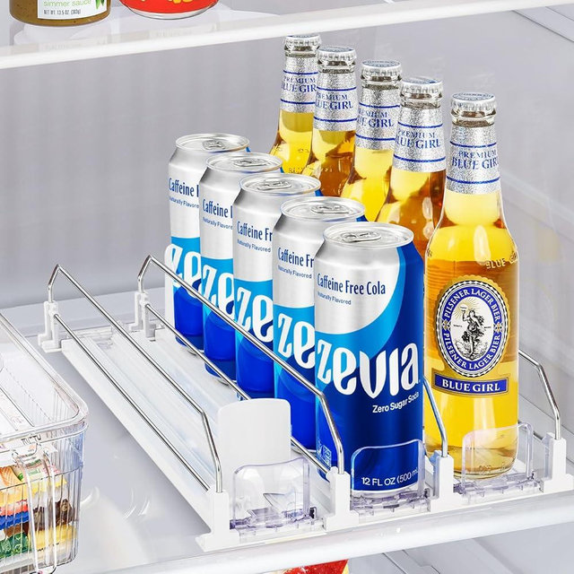 sunoyar Drink Organizer for Fridge, Automatic Pusher Glide Soda Can Dispenser for Refrigerator, Holds up to 15 Cans Fridge Drink Organizer Adjustable Width for Soda Beverage Beer (White 3 Row)