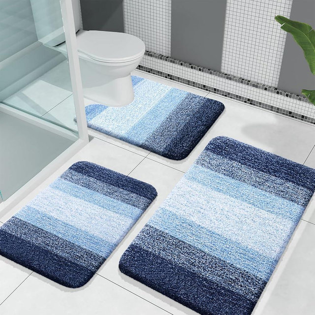 OLANLY Bathroom Rugs Sets 3 Piece, Soft Absorbent Microfiber Bath Mats and U-Shaped Contour Toilet Rug, Non-Slip, Home Decor Accessories, Plush Shaggy Bath Mat Set for Bathroom, Navy