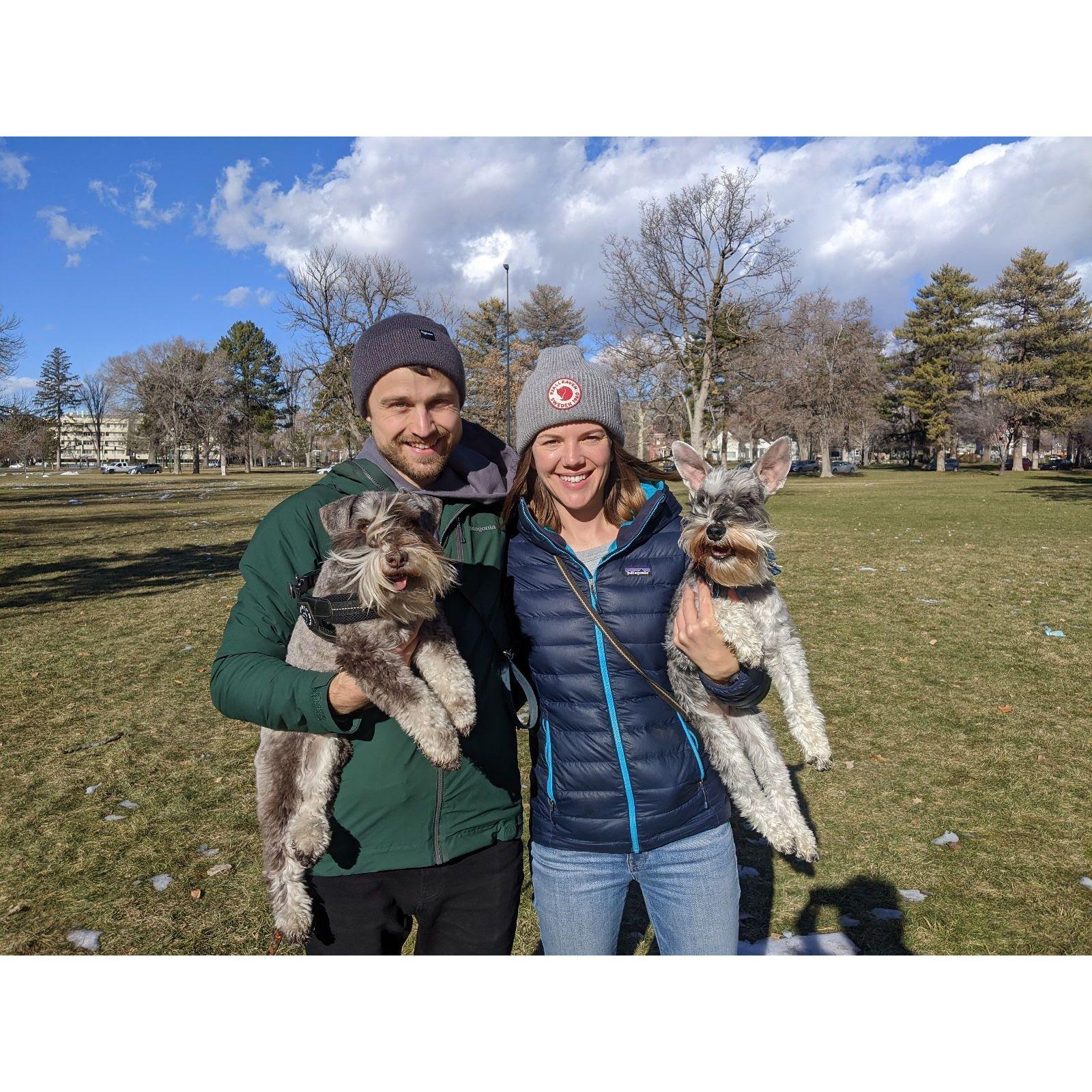 With our dogs, Linus and Freddie.