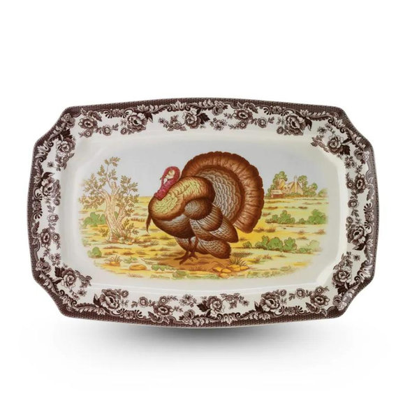Spode Woodland Turkey Rectangular Platter – 17.5 Inch Fine Porcelain Serving Tray from the Woodland Turkey Collection, Microwave, Dishwasher & Warm Oven Safe – Holiday Tableware Made in England