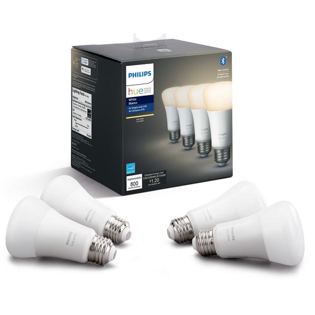 60 Watt Equivalent Philips Hue, A19 LED Smart, Dimmable Light Bulb, Warm White (2700K) E26/Medium (Standard) Base (Set of 4)