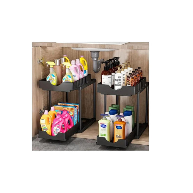 MPM 2 Pack Under Sink Shelf, Kitchen Organizers, 2 Tier Bathroom Cabinet Drawer, Multi-purpose Storage with 4 Hooks