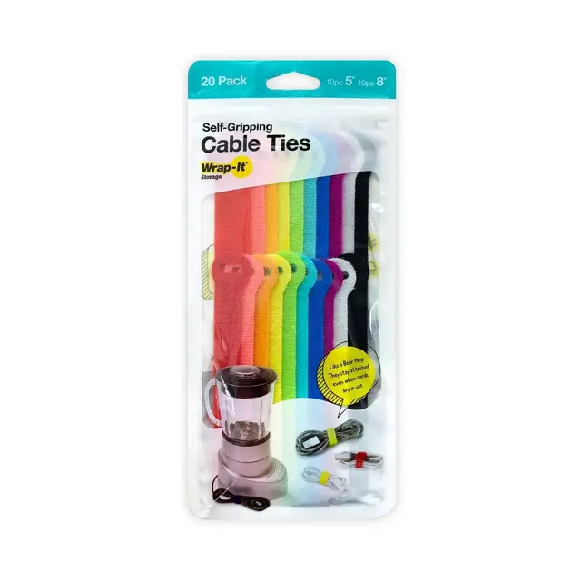 Wrap-It 20pk 5" and 8" Storage Self-Gripping Cable Ties: Multicolor Cord & Cable Organizer, Cable Management Solution