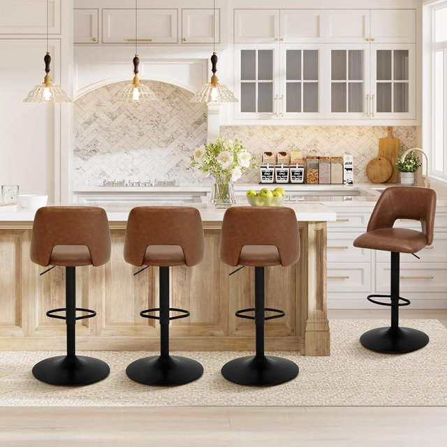 COLAMY Bar Stools Set of 4, Modern Swivel Bar Chairs, Adjustable PU Leather Upholstered Barstools Counter Height with Square Open Back for Bar, Kitchen Island, Dining Room, Brown