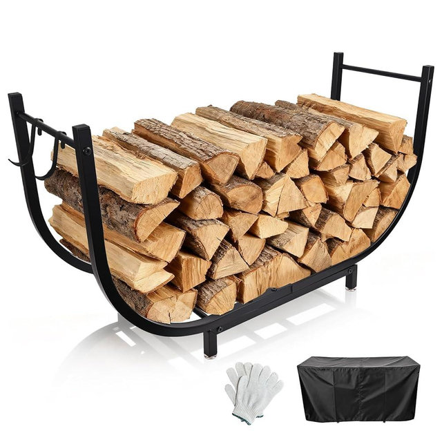 Firewood Rack Outdoor w Thicken Cover, 35 Inch Indoor Firewood Rack - Stable Curved Firewood Storage Heavy Duty & Rustproof Metal Firewood Holder w Hook for X-mas Decorations or Tools Nearby Fireplace