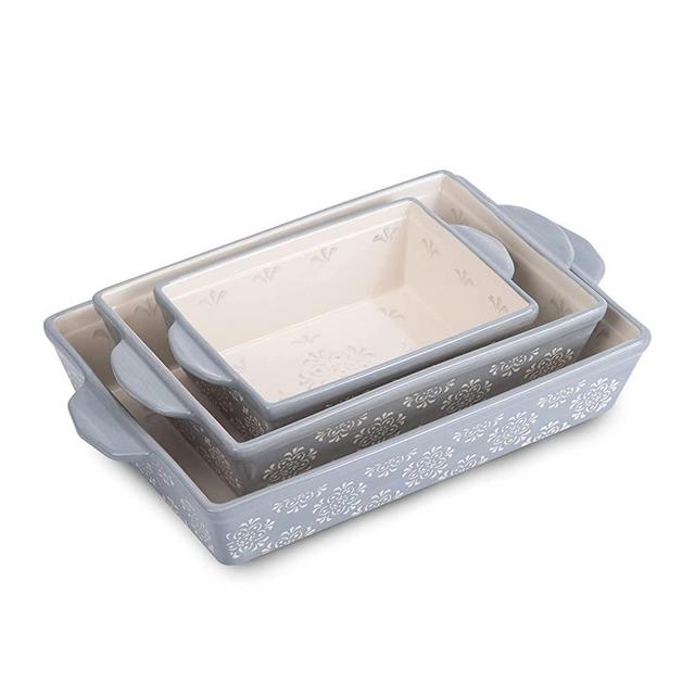 Baking Dishes Ceramic Casserole Dish 3pcs Bakeware Set 13x9inch Baking Pan Nonstick Lassagne Pan Stackable, Hand-Painted, Floral Pattern, for Kitchen