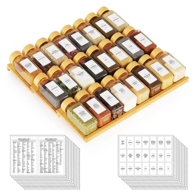3 Tier Bamboo Spice Drawer Organizer with 24 Jars, 378 White Labels-SpaceAid®