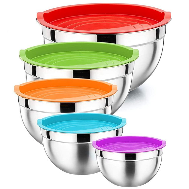 Mixing Bowl with Lid Set of 5, P&P CHEF Stainless Steel Nesting Salad Bowl Set for Prepping, Mixing and Serving, Size 5/4/3/2.5/1.5 QT, Measurement Lines & Flat Base