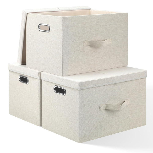 Bellzacasa Large Collapsible Storage Bins with Lids, 3 Pack Linen Fabric Foldable Storage Bin Cube Box with 4 Handles, Stackable Storage Baskets Closet Organizer Containers,Beige,16.6x11.7x10.8