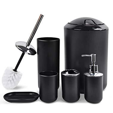 CERBIOR Bathroom Accessories Set 6 Piece Bath Ensemble Includes Soap Dispenser, Toothbrush Holder, Toothbrush Cup, Soap Dish for Decorative Countertop and Housewarming Gift, Black