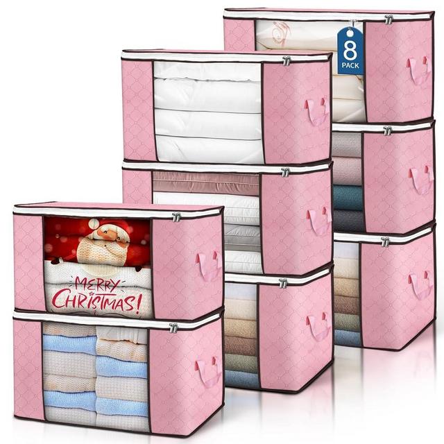 90L Large Storage Bags, 8 Pack Clothes Storage Bins Foldable Closet Organizer Storage Containers with Durable Handles Storage and Organization, Blanket, Comforters, Bed Sheets, Pillows and Toys (Pink)