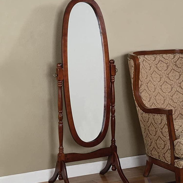 GTU Furniture Swivel Adjustable Full-Length Oval Wood Cheval Floor Mirror, in White/Black/Cherry/Oak/Silver/Gold/Espresso/Grey Finish (Cherry)