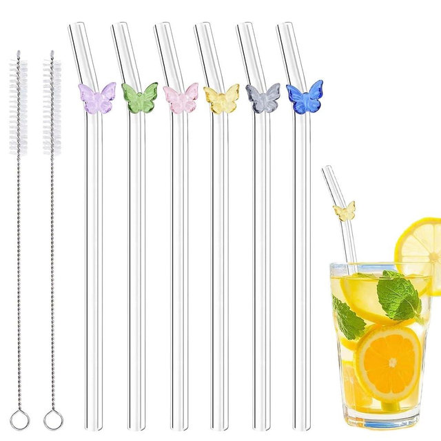 6 Pcs Glass Straws with 2 Cleaning Brushes, Cute Colorful Butterfly Glass Straw Shatter Resistant, Reusable Straws for Coffee Lover, Milkshake, Smoothies, Juice, Butterfly Gift