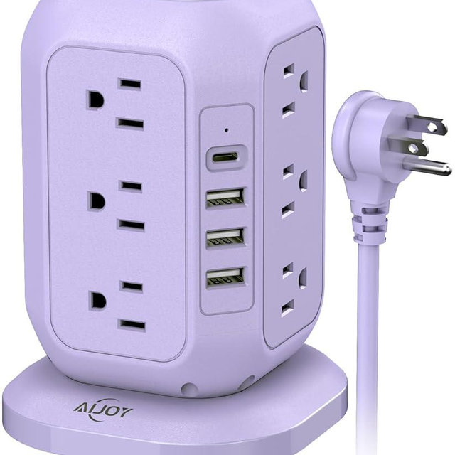 USB C Power Strip Tower, Surge Protector with 12 AC Outlet and 4 USB Ports, AiJoy 10 FT Extension Cord, 1200J Power Strip Surge Protector, USB Charging Station, Office Supplies, Dorm Essentials, Woman