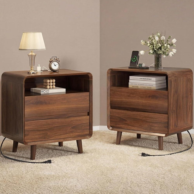 Nasonet Night Stand Set of 2 with Charger Station, Mid Century Modern Nightstand with 2 Drawers, Wood Bedside Table for Bedroom, Curved Beveled Design, Walnut