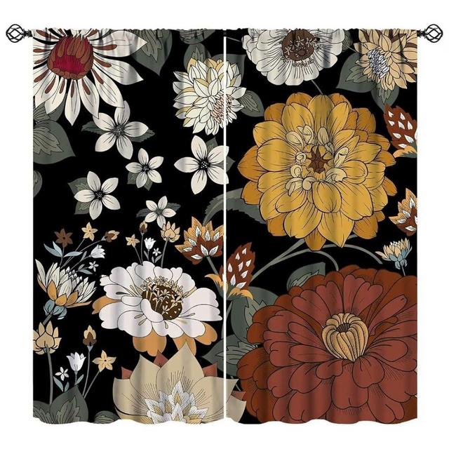 JanJCurt Boho Floral Curtains, Traditional Colorful Bohemian Mandala Floral Dark Flower Leaves Modern Spring Garden Window Treatments for Living Room Bedroom Kitchen, 42x45 Inch (No Blackout)