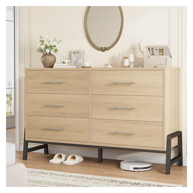 Dresser with 6 Drawers, TV Stand, Freestanding Wide Drawer Wooden Storage Cabinet for Living Room, Bedroom, Entryway, Oak