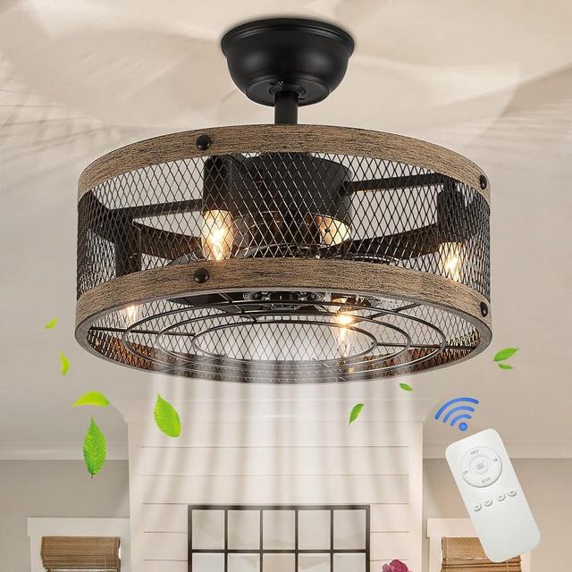 APBEAMLighting Caged Small Farmhouse Ceiling Fan with Lights Remote Control Rustic Bladeless Ceiling Fan Enclosed Fandelier for Bedroom Kitchen Living Room Black 18"