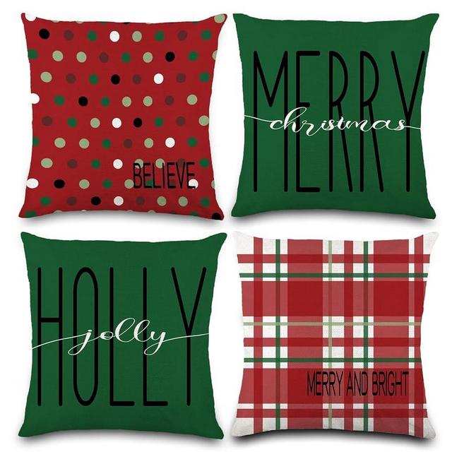 DULEFUN 4pcs Christmas Pillow Covers 18 x 18 Inch Red Green Plaid Dot Xmas Pillow Cushion Cases for Christmas Winter Holiday Decorations Throw Pillow Covers for Couch Sofa Home Farmhouse