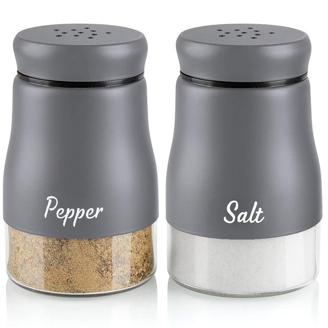 Gray Salt and Pepper Shakers Set, Bivvclaz 5 Ounce Salt and Pepper Dispenser with Glass Bottom, Cute Salt and Pepper Shakers for Gray Kitchen Decor and Accessories