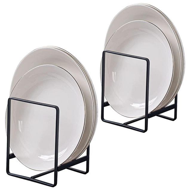 Plate Organizer，Dish Metal Organizer Rack for Kitchen Cabinet，Metal Vertical Plate Dish Holder RackPantry, Shelves，Frying Pans, Lids, Cutting Boards，Vertical Or Horizontal Placement 2 Pack(Black)