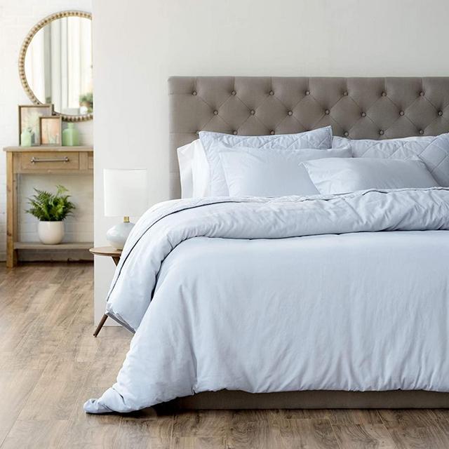 Welhome Luxurious Hunter 3-Piece Cotton Linen Percale Duvet Cover Set - Full/Queen Size - 92"x96" - Soothing Soft - Breathable - Lightweight - Machine Washable - Powder Blue