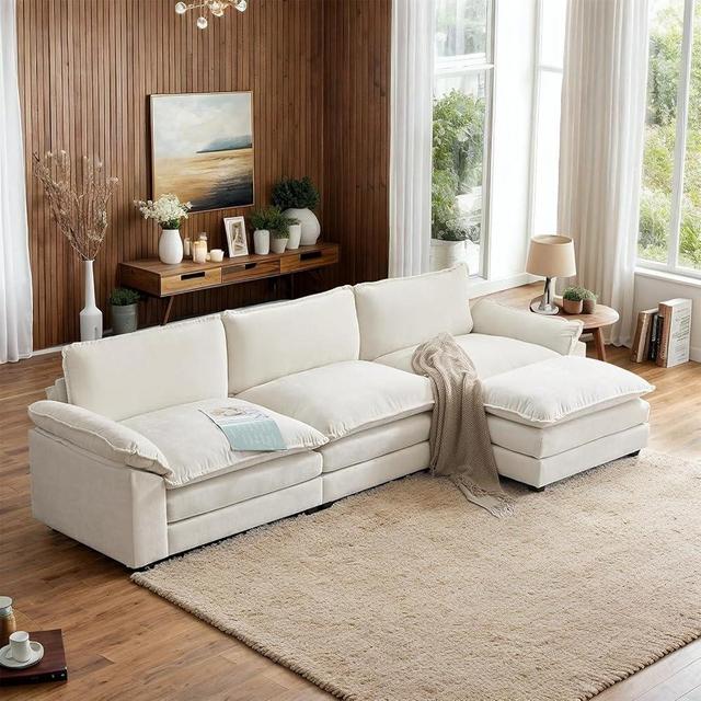 VINGLI 120" Cloud White/Cream Convertible Sectional Sofa, Comfy L-Shape Extra Deep Seat Sofa Couch for Living Room,Modern Chenille 3-Seat Convertible Sofa with Movable Ottoman for Small Space